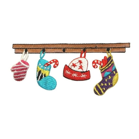- ID 8075 Decorations On Mantel Patch Christmas Sock Embroidered Iron On Applique