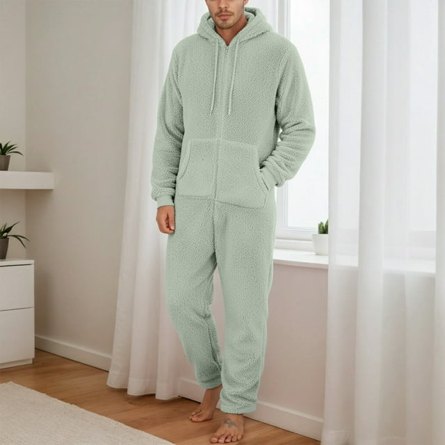 Timegard Mens Rompers Plus Size Winter Drawstring Hoodies Homewear Zip up Warm Comfy Jumpsuit with Pockets