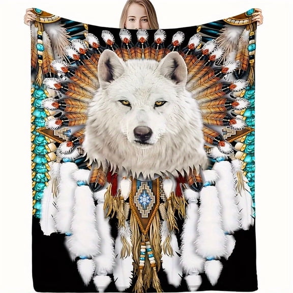 1pc Wolf Print Throw Blanket, Soft & Warm Blanket For Living Room & Bedroom, Home Decor