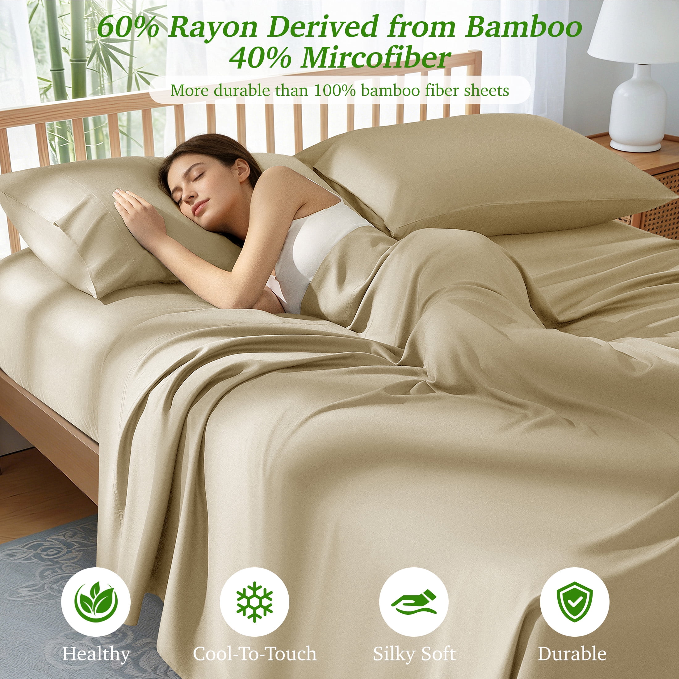 AiAngu Bamboo Full Sheet Set, Luxury Soft 4 Pieces Bed Sheets with 18" Deep Pocket, Begie