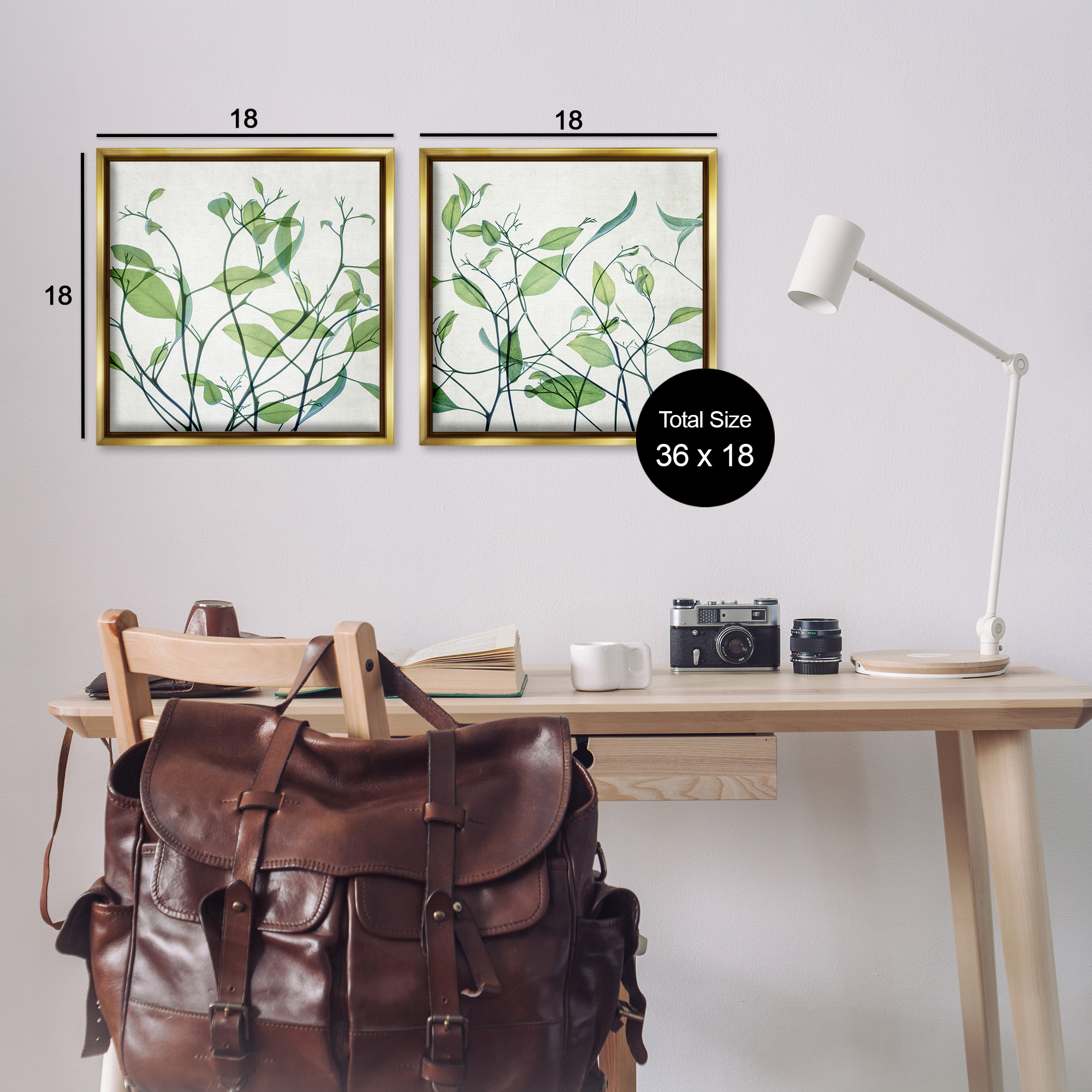 Stupell Industries Green Botanical Leaves Xray Plants & Flowers Painting Gold Floater Framed Canvas Art Print Wall Art, 18 x 18, Set of 2