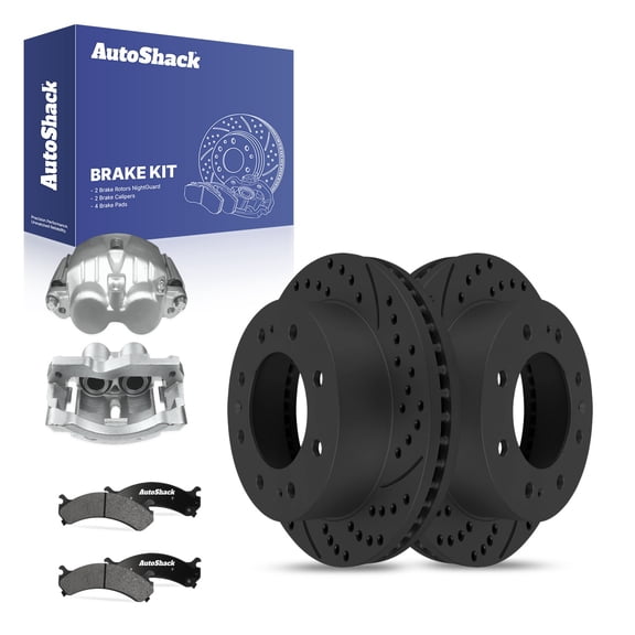 AutoShack Front Vented Drilled & Slotted E-Coated Brake Rotors Black Finish   Ceramic Pads   Calipers 8-PC Brake Kit Replacement for 2006-2017 Chevrolet Express 3500 NightGuard 12.79" (324.8 mm)