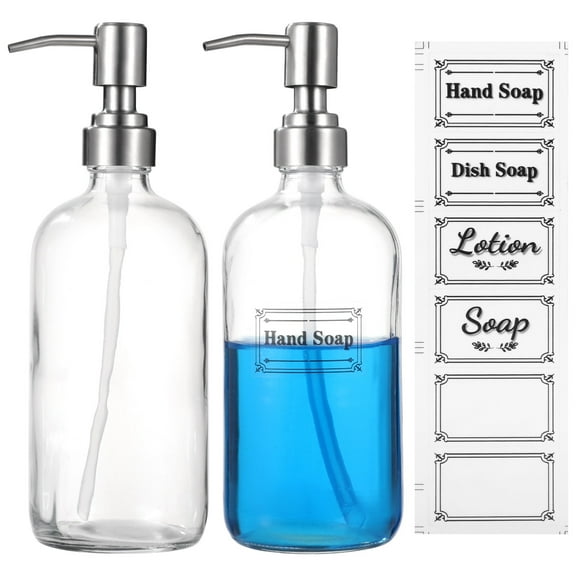 2 Pcs Glass Soap Dispensers, 16.9 oz Clear Hand Soap Containers with Stainless Steel Pumps, Refillable Dish Soap Bottles for Lotion, Shampoo, 6 Waterproof Labels Included