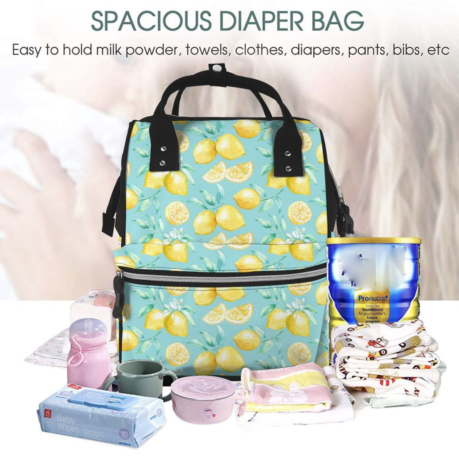 Ratiio Yellow Lemon Mummy Backpack - Waterproof Twill Canvas, Large Capacity Diaper Bag with Multiple Pockets and Adjustable Straps