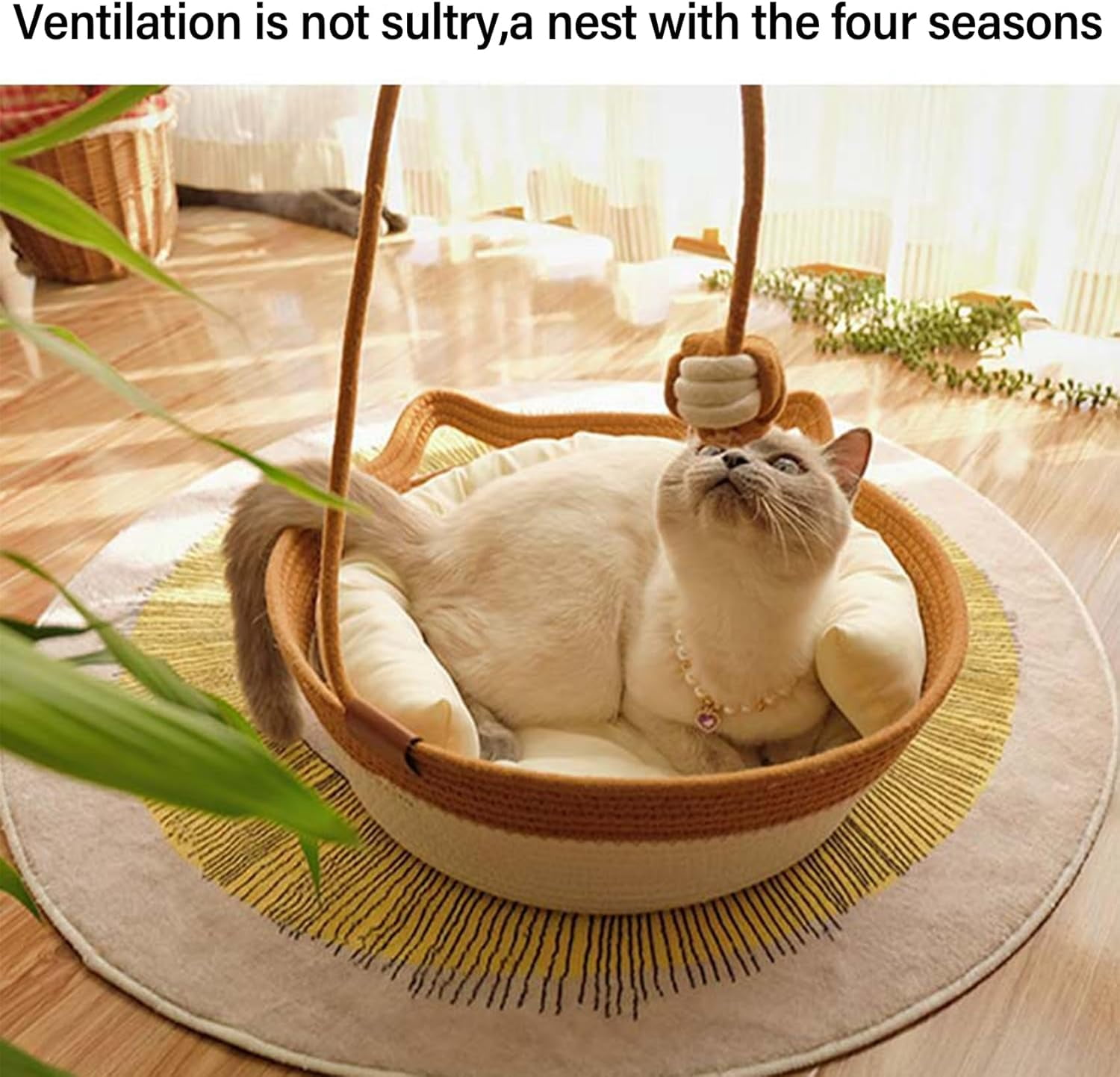 Stimulicat Cat Bed, Stimuli Cat Handwoven Basket, StimuliCat Cats Bed with Toy Tail, Foldable Scratchable Breathable Prevents Overheating for Cats (Beige-Gray,for 5.5-11.5 Ibs)