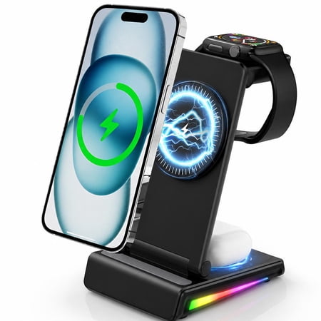INSMART Wireless Charging Station for iPhone,5 in 1 Foldable Magnetic Charging Stand with Digital Clock,Temp Display,15W Fast Charger,RGB Colorful Lights,for Home Office Black