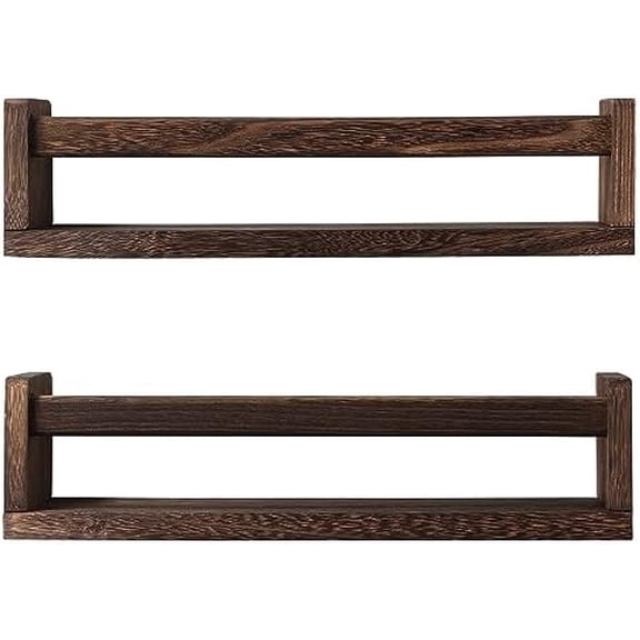 Nursery Book Shelves, Set of 2 Wood Floating Book Shelves for Kids Room, Kitchen Spice Rack, or Rustic Wall Mounted Shelves for Farmhouse Bathroom Décor (Carbon Brown)
