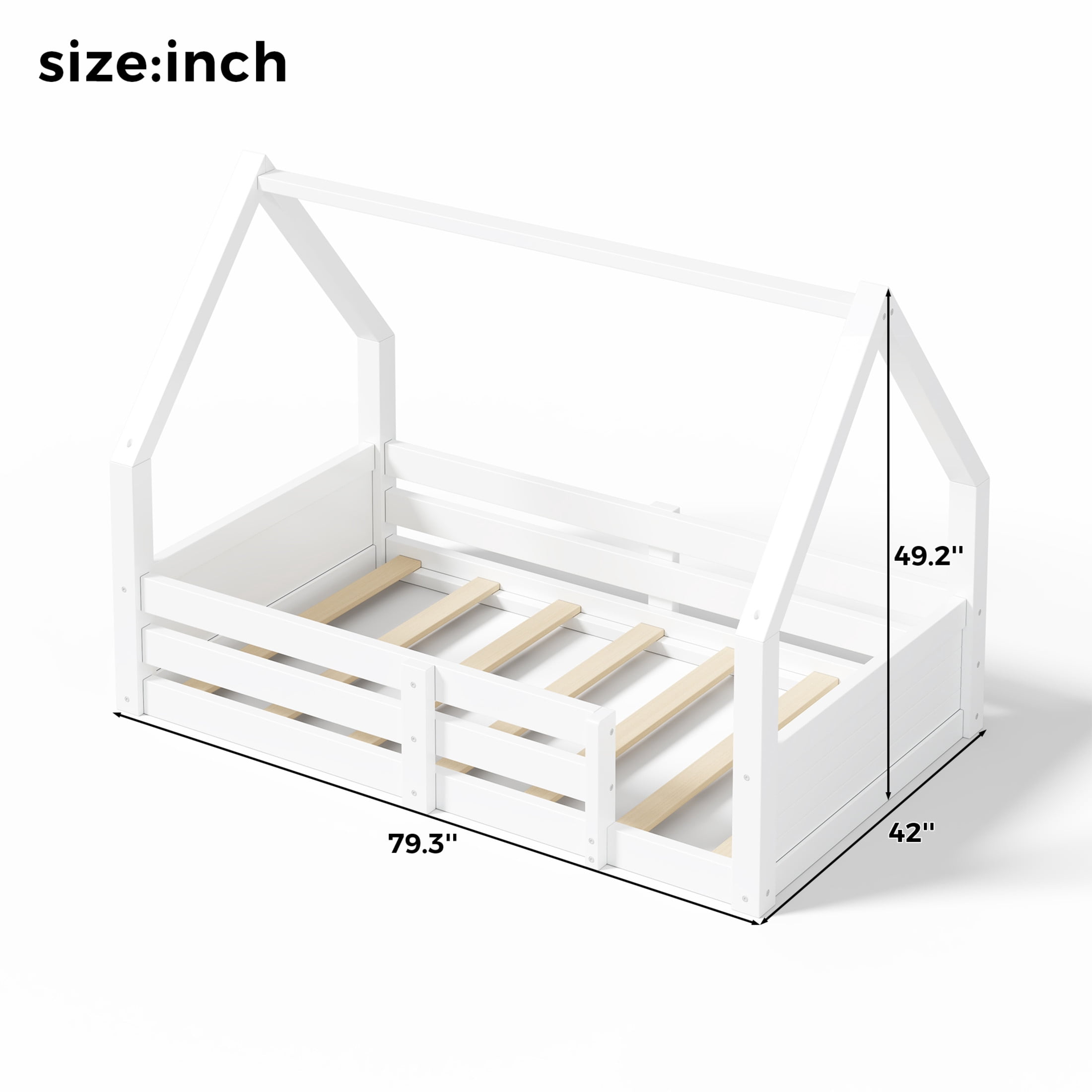 Noble House Salma Twin Size House Floor Wooden Bed with Roof Frame & Grooved Panels, Safety Guardrails, White