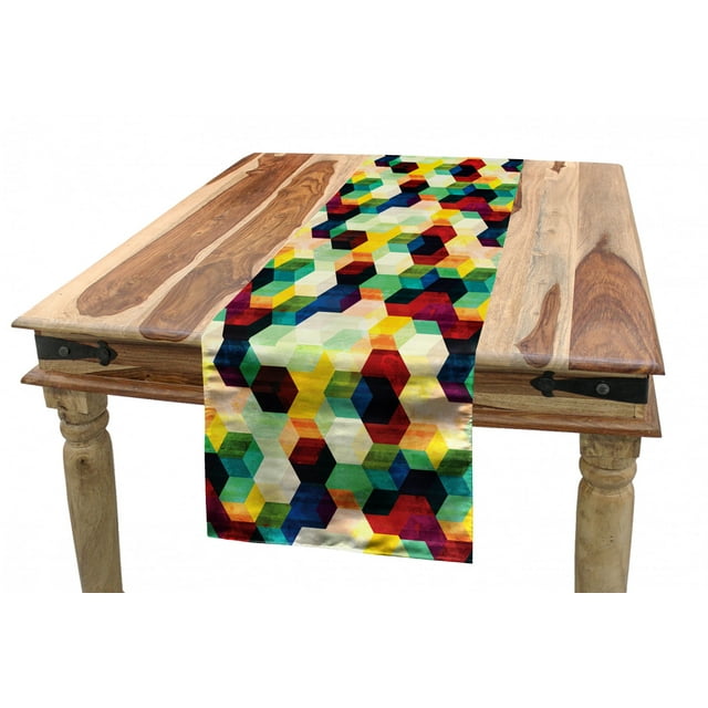 Vintage Table Runner, Rhombus Pattern Grunge Effect Hexagonal Pattern Colorful Geometric Mosaic Artwork, Dining Room Kitchen Rectangular Runner, 3 Sizes, by Ambesonne