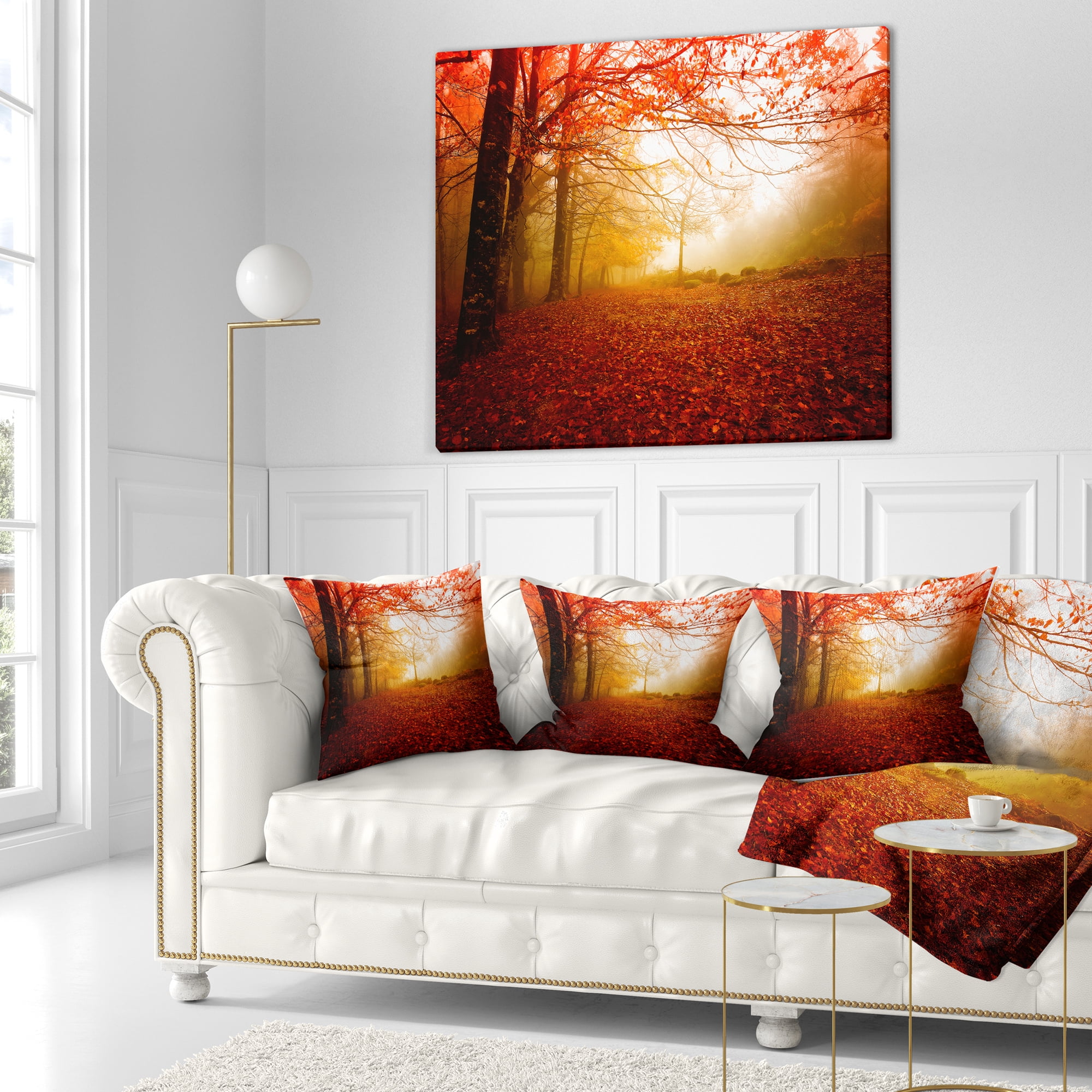 Designart Yellow Sun Rays in Red Forest - Landscape Photography Throw Pillow - 16x16