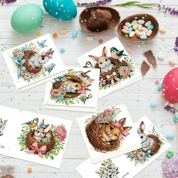 6pcs Diamond Art Painting Kit Greeting Card, Birdie Bunny 5D DIY Diamond Handmade Holiday Greeting Card with Envelope, Christmas Gift Congratulation
