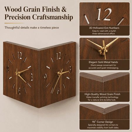 Metal Double Sided Corner Clock w/ Wood Grain , Square Analog Clock with LED Light Strip, Decorated on The Living Room, Bedroom, and Study Walls