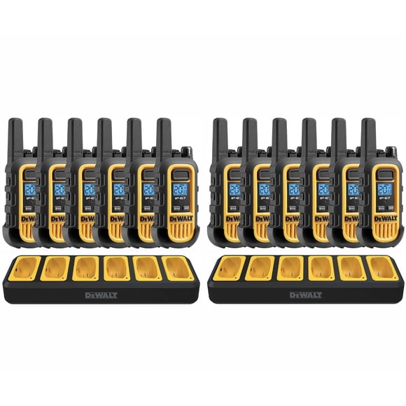 Lot de 12 DeWalt DXFRS300 Talkies-Walkies de Chantier – Radios Bidirectionnelles Rechargeables 1 W, 22 Canaux, VOX, Étanches + 2x Socles de Recharge à 6 Ports, pour le Travail et les Affaires