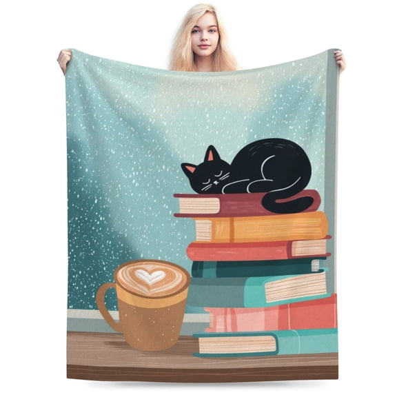 Cozy Book Lover Cat Throw Blanket, Coffee & Books Illustration, Soft Flannel Fleece, Reading Nook Home Decor 50x40