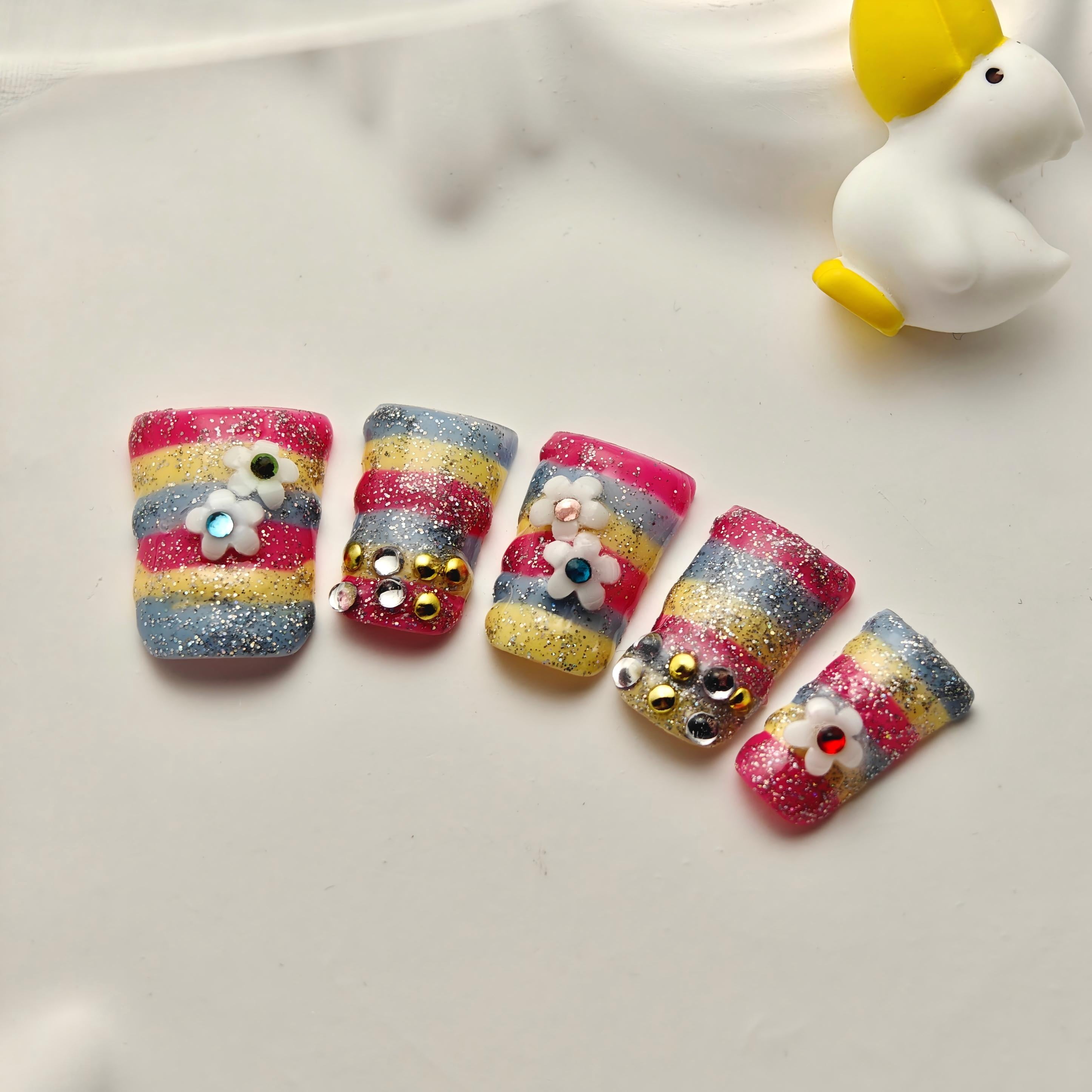Handmade Press-on Nails with Glitter Stripes and Floral Rhinestones