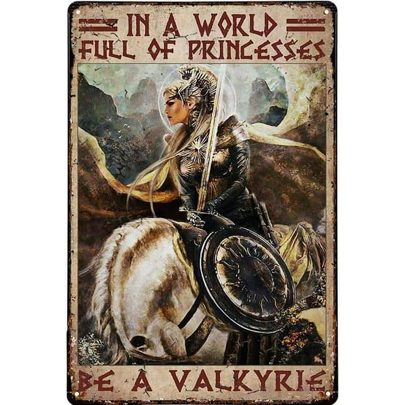 Funny Metal Tin Sign Wall Art In A World Full Of Princesses Be A Valkyrie Office/Home/Classroom Decor Gifts - Best Birthday/Thanksgiving/Christmas Gift - 8x12 Inch
