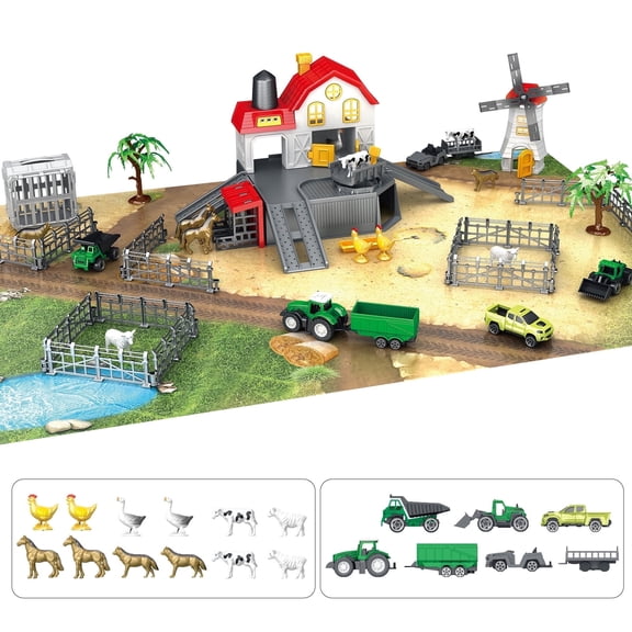 HOLYFUN Farm Animals Playset with Tractor, Farmer Truck, Animal Figures & Farm Accessories, Pretend Play Set for Kids Ages 3