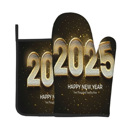 

Junzan Happy New Year 2025 E Pattern Oven Mitts and Pot Holders 2 pcs Set Potholders BBQ Gloves Long Kitchen Oven Glove for Cooking Baking Grilling (2-Piece Set 11 Inch)