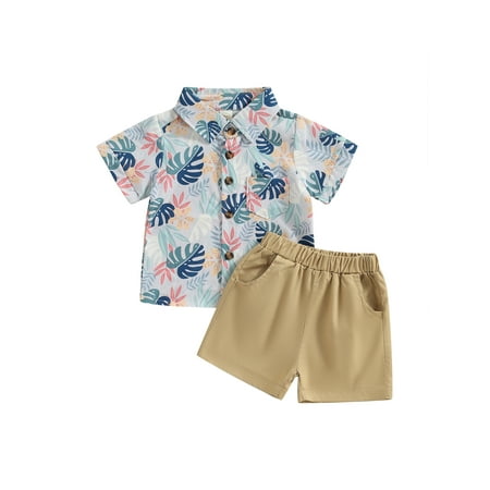 

2Pcs Toddler Baby Boy Clothes Sets Tropical Leaf Print Short Sleeve Button Shirt + Shorts Beach Set