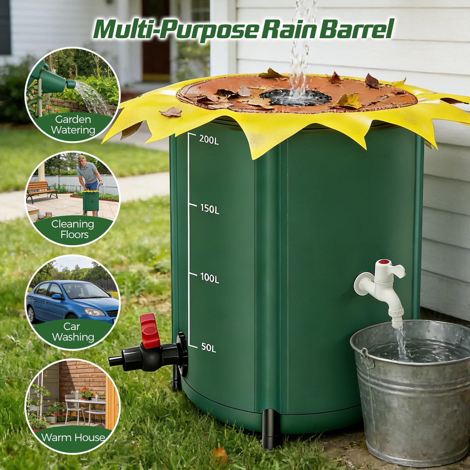 YTAKY Collapsible Rain Barrel 53 Gallon, Portable Rain Water Collection Barrel with 1000D Oxford Cloth, Spigot and Overflow Kit for Garden, Lawn, Outdoor - Green