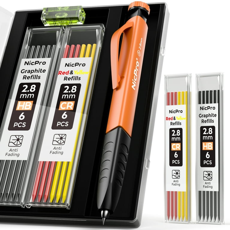 Nicpro Carpenter Pencil Set, 2.8mm, 12 Refills, Sharpener, Finger