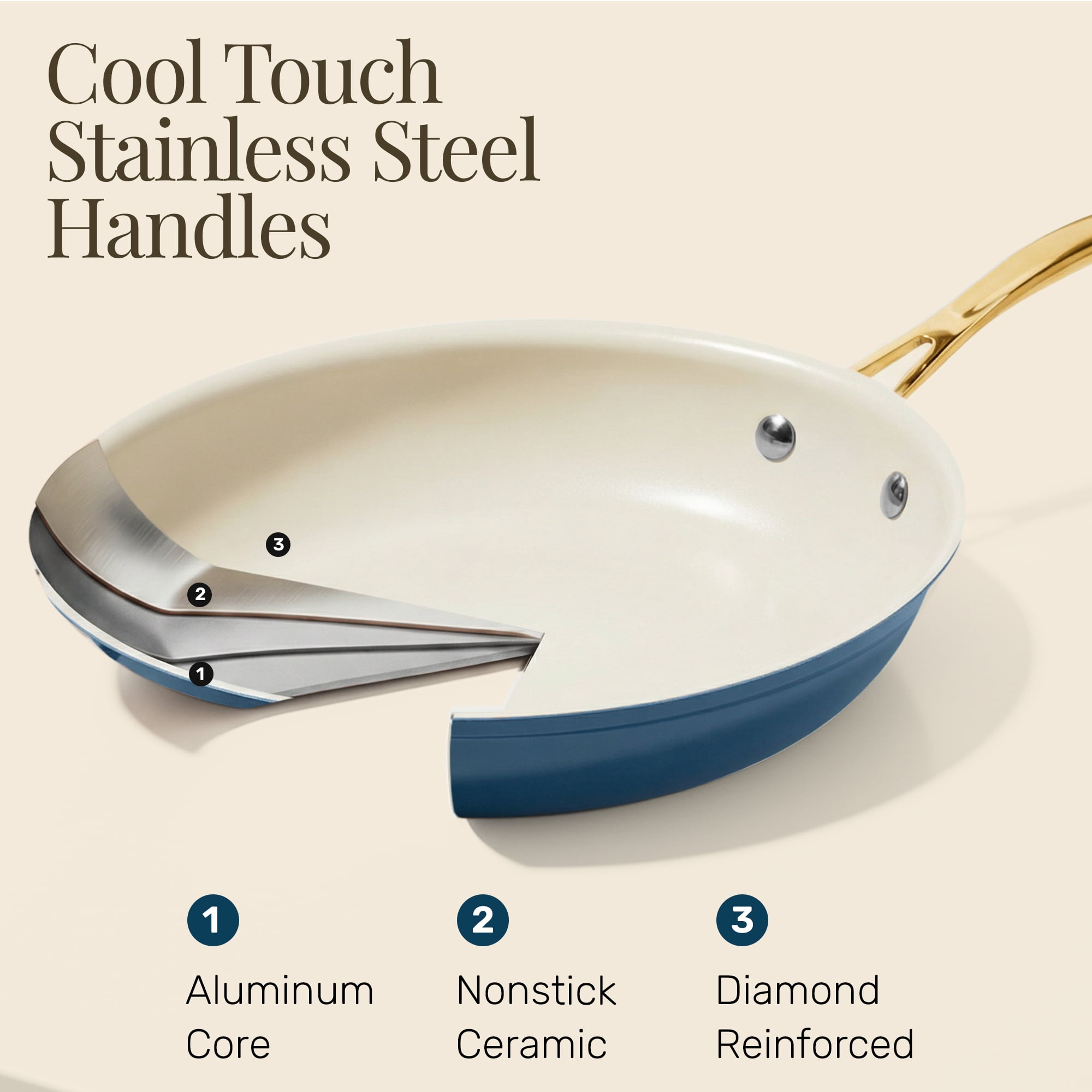 Gotham Steel 14 Inch Large Frying Pan with Lid, Ceramic Non Stick Frying Pans Skillet, Non Toxic Frying Pans Nonstick for Sauté & Cooking, Oven & Dishwasher Safe, Navy/Cream with Gold Handles