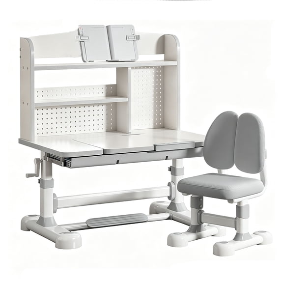 Happydeer Study Desk and Chair Set for Kids, Learning Table with Tiltable Desktop, Large Storage Drawer, Bookshelf, Hand-Cranked Lift, Height Adjustable Sturdy Student Workstation