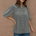 thumbnail image 6 of FNFYFH Women's Lantern Sleeve Tops Elegant Retro Button Down Stand Collar Shirt Dressy Casual Pleated Cotton Linen Blouses 3 Quarter Sleeve Blouse, 6 of 9