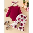 thumbnail image 3 of Liacowi Infant Baby Girl Fall Jumpsuit Outfits Letter Print Long Sleeve Romper + Flower Flare Pants + Headband Toddler Clothes, 3 of 9