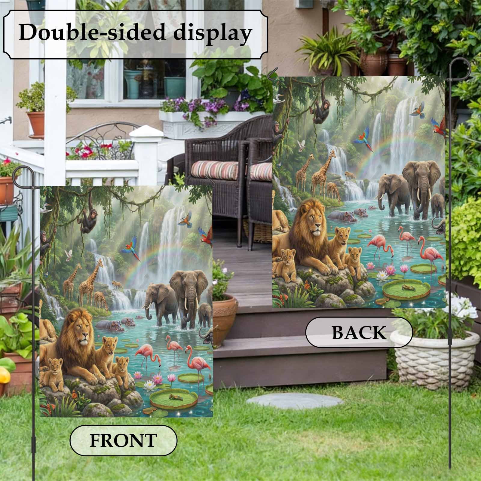 Forest Landscape House Flag 28 x 40 Inches, Tropical Elephants Lions Birds Giraffe Monkey Lotus Weather Proof Outdoor Patio Flags Double Sided Small House Decoration for Yard Lawn Outside Home