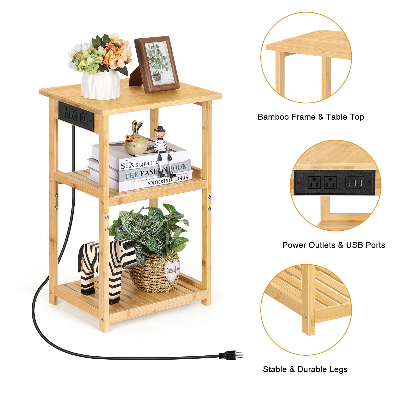 2 Pack Wood Bamboo Nightstand with Charging Station, 3鈥慣ier Open Shelf End Table for Bedroom Living Room