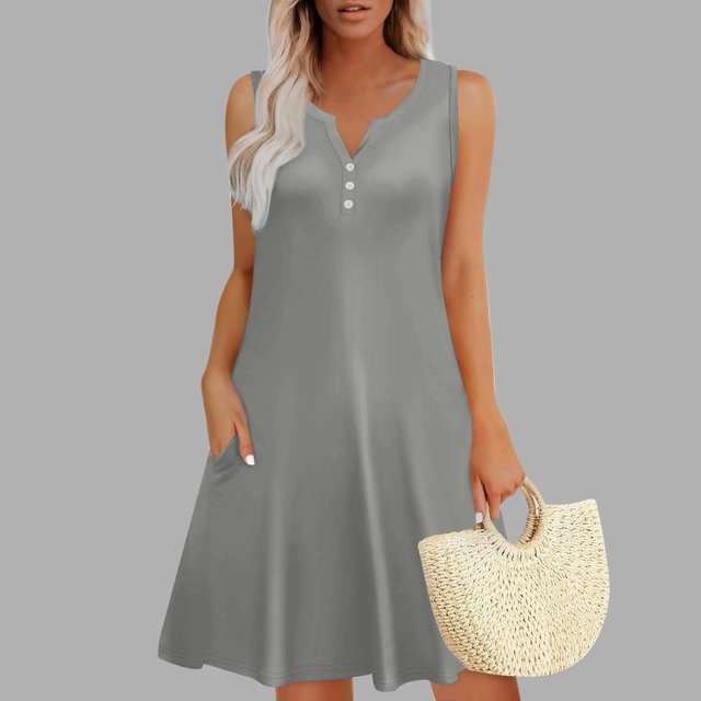 SEAOPEN Robes Sans Manches pour Femmes, Coupe Ample, Tunique, Robe de Plage, Vacances, avec Poche, Gris, m
