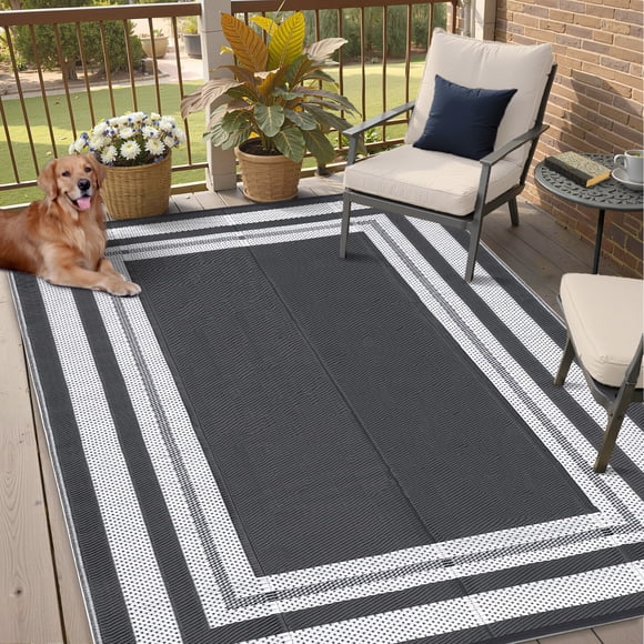 Tapis d'Extérieur – Tapis en Paille Plastique Réversible et Imperméable – Terrasse, Porche, VR, Camping, Pique-Nique et Plage – Résistant à la Décoloration, Pliable – Géométrique Moderne – Gris/blanc – 9x12 Pi – Norme É.-U.