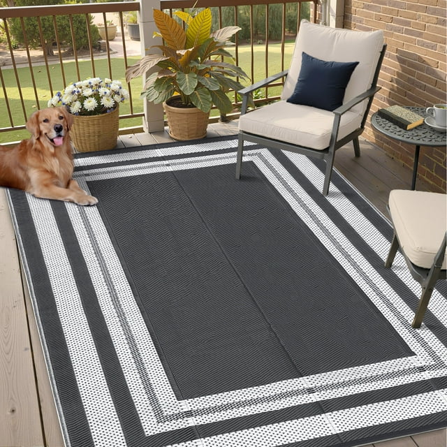 Outdoor Rug – Reversible Waterproof Plastic Straw Mat – Deck, Porch, RV, Camping, Picnic & Beach – Fade-Resistant, Collapsible – Modern Geometric – Grey/White – 9x12ft – USA Spec