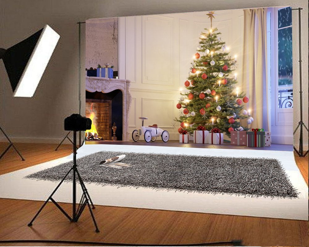 Haosphoto 5X3FT Christmas Backdrop Xmas Decoration Tree Reindeer Bokeh Lights Backdrops for Photography Wood Floor Happy New Year Vinyl Photo Background Kids Holiday Studio Props CA453