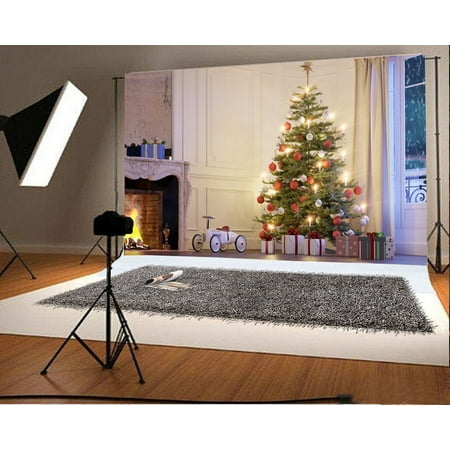 Image of MOHome Christmas Backdrop 7x5ft Photography Background Xmas Tree Decoration Fireplace Gifts Toys Festival Celebration Children Baby Kids Portraits Photos Video Studio Props