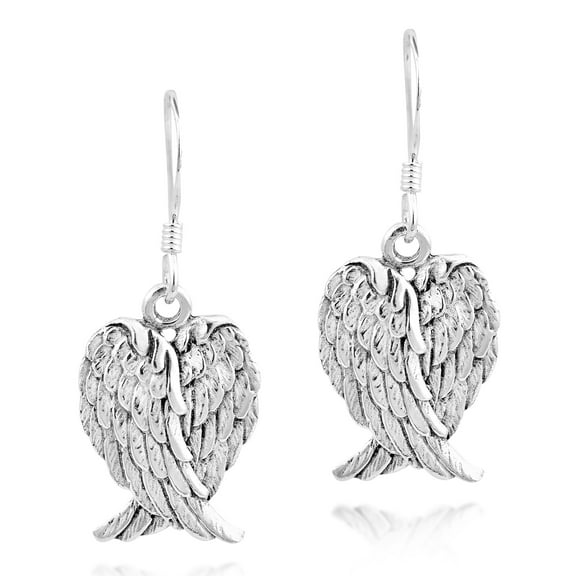 Heavenly Love Heart Shaped Angel Wings .925 Sterling Silver Dangle Earrings