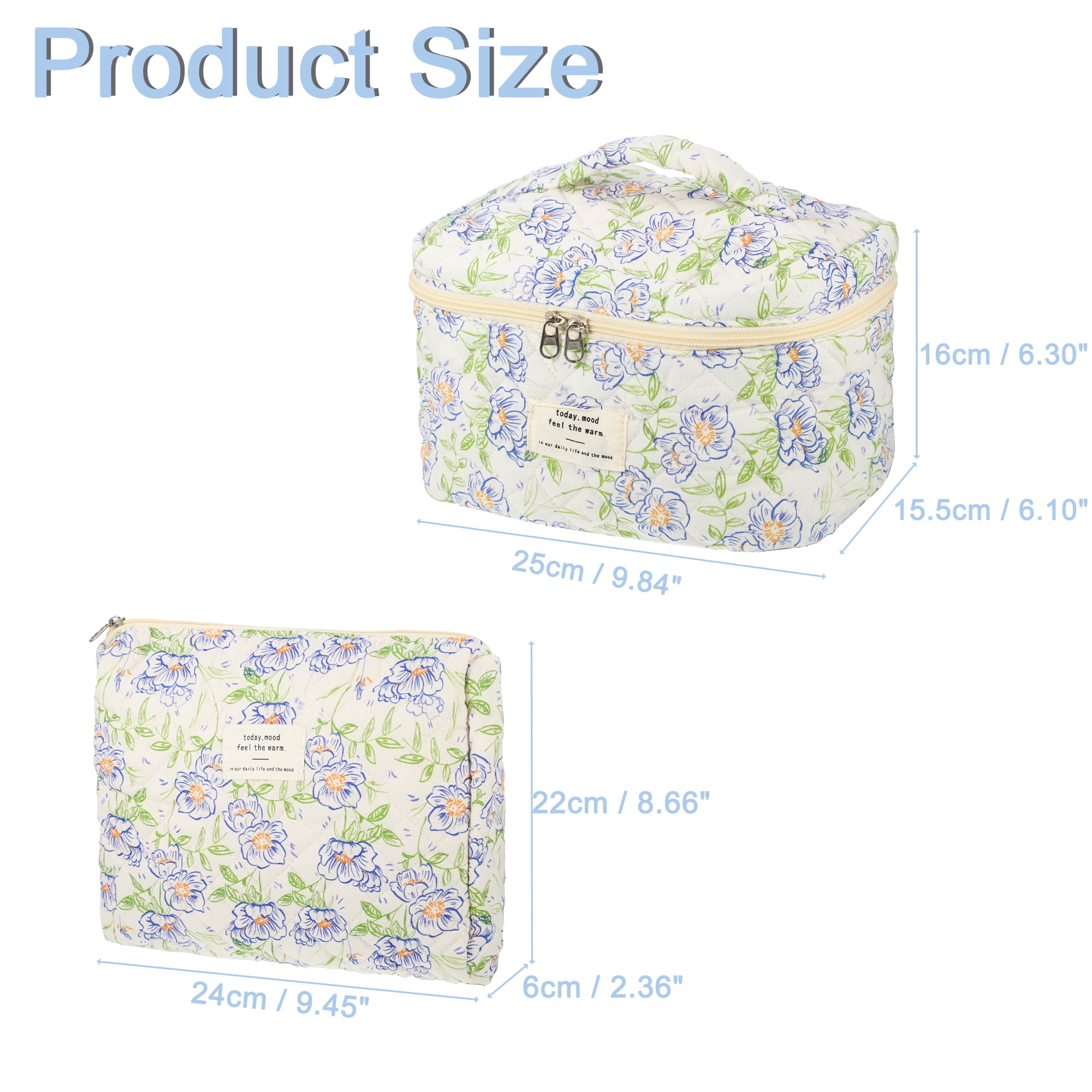 Unique Bargains 2Pcs Large Capacity Travel Cotton Quilted Toiletry Bag Beige, Blue