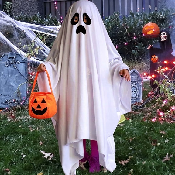 White Ghost Cape Halloween Role Play Outfit,Polyester Costume with Pumpkin Candy Storage Bag for Masquerade Party,Cosplay,Seasonal Themed Events