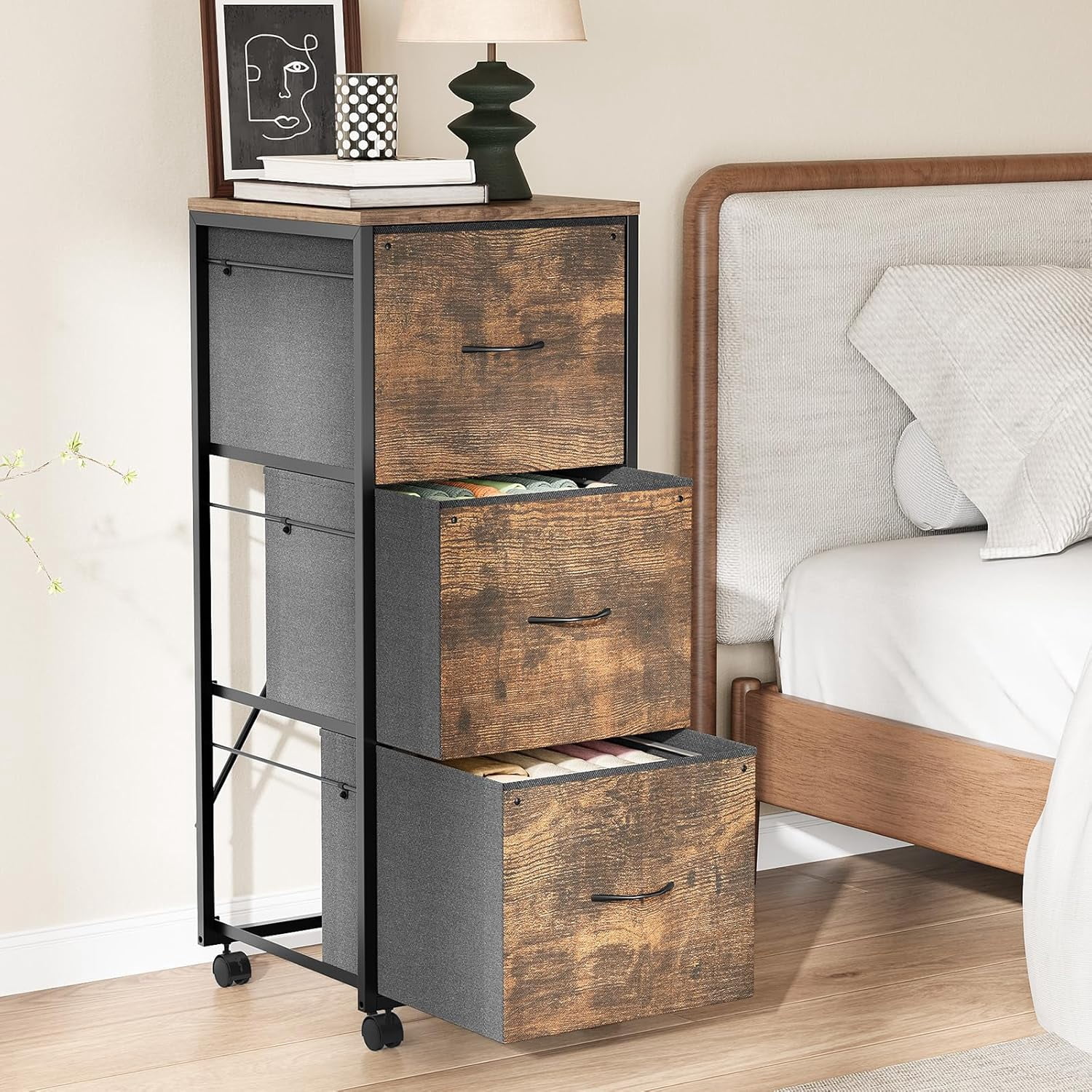 Ktaxon Height File Cabinet, Rolling File Cabinet Mobile Tall File Cabinet with Wheels, Fabric Drawers Printer Stand for Home Office, Fits Letter Size, Rustic Brown