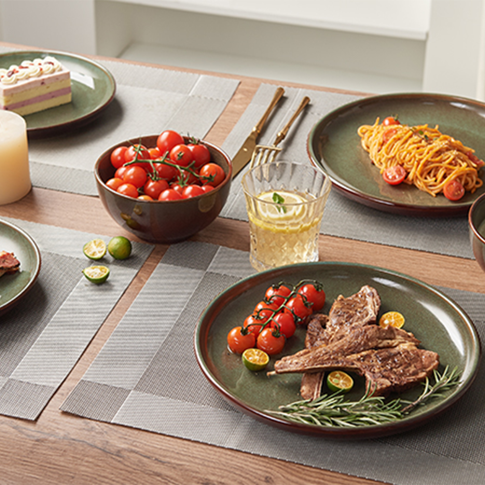 POKINI 12-Piece Stoneware Dinnerware Set, Brown Green photo 3