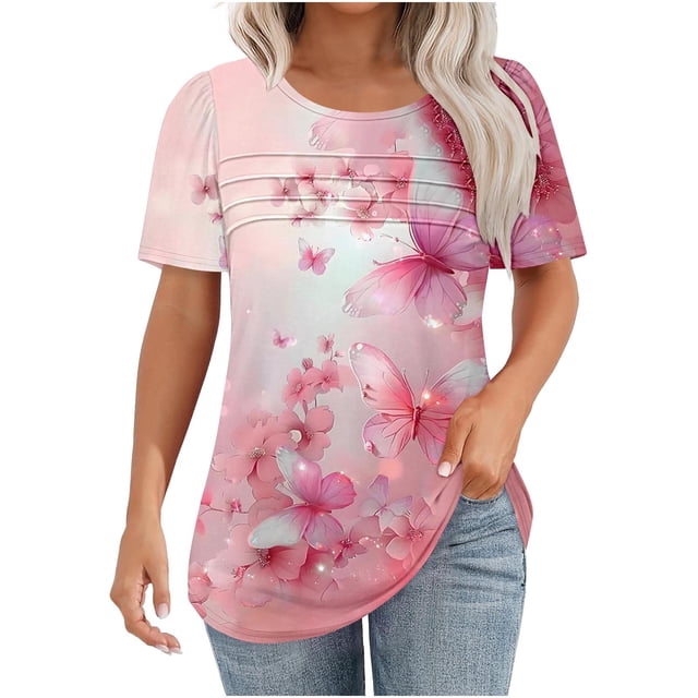 Tnhcen Chemises Décontractées à Manches Courtes Col Rond pour Femmes - Blouse Plissée à Imprimé Floral avec Ajustement Régulier Doux pour Usage Quotidien et Voyage P-2TG