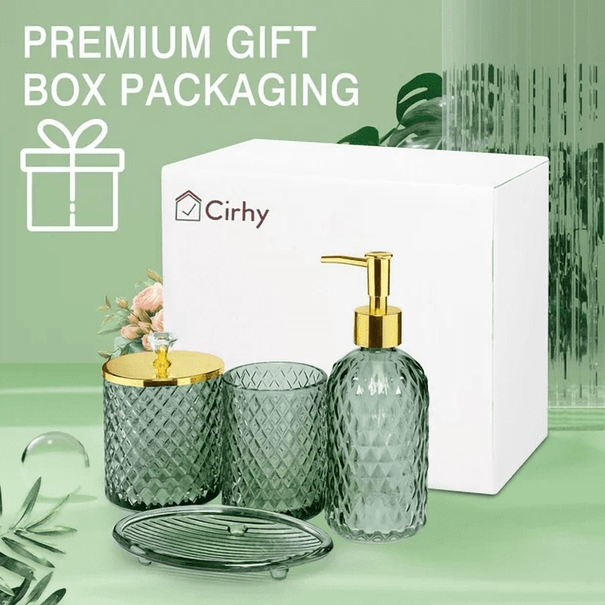 Cirhy 4-Piece Green Glass Bathroom Accessories Set, Lotion Soap Dispenser, Toothbrush Holder, Qtip Holder, Soap Dish, Modern Bathroom Decor Set for Countertop Organization