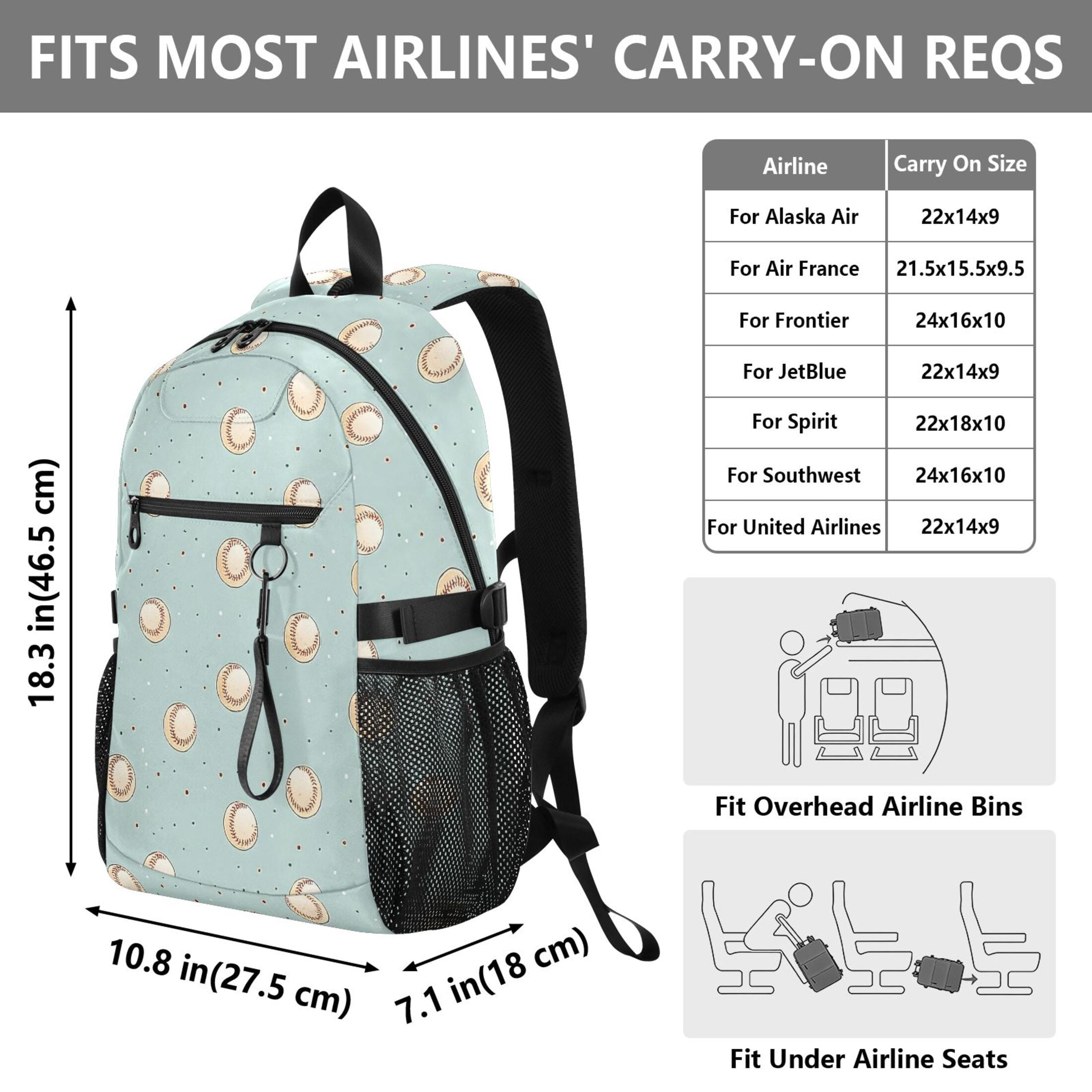 JIALIOU 14" Laptop Backpack Waterproof Airline Approved Stylish Casual Daypack for Travel Business College Work, Cute Little Baseballs