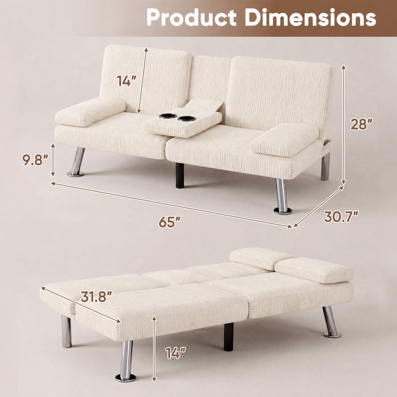 Lacoo Futon Sofa Bed, Corduroy Convertible Couch Sleeper Sofa, Cup Holders, Small Spaces,Beige