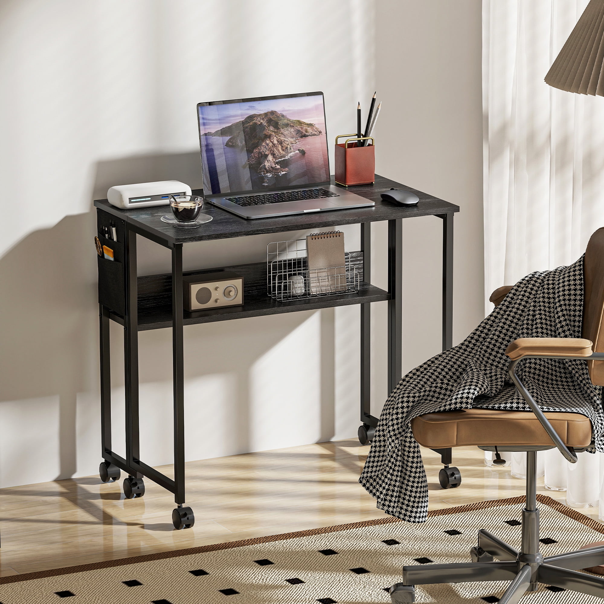 HOMCOM Small Folding Desk, 31.5" Foldable Computer Desk with Storage Bag, Shelf and Wheels for Small Spaces, Home Office, Easy Assembly, Black