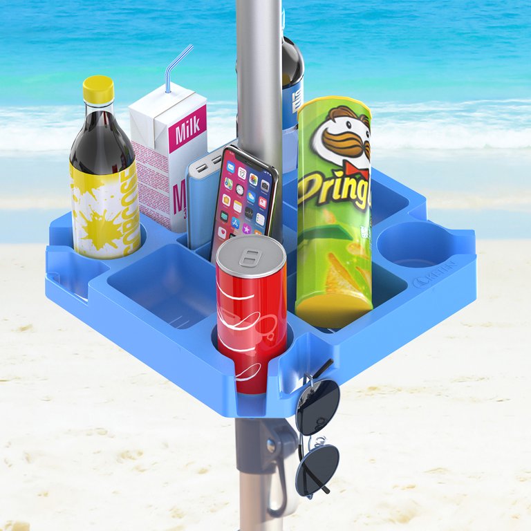 BeachBUB Tray Table System | 4 Cup Holders & Clip-On Umbrella Tray - Portable Beach Table For Drinks & Gear