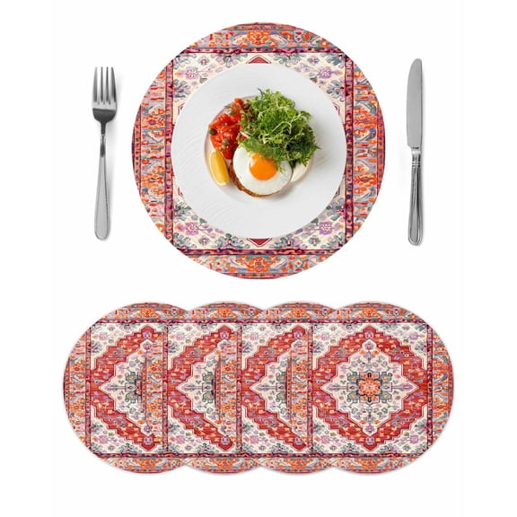 Orange Red Boho Round 13 Inch Placemats Set of 4, Vintage Flower Tribal Distressed Printed HeatResistant Non Slip Place Mats for Dining Table, Wipeable Braided Kitchen Table Mats for Housewarming