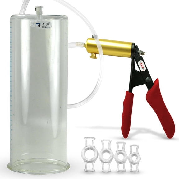LeLuv Ultima Penis Pump, Brass w/ Red Handle, Silicone Grip, Clear Hose | 4 Cock Rings | 12" x 4.50" Cylinder