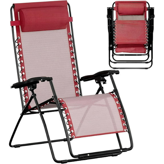 Oversized Zero Gravity Lounge Chair for Outdoor Use – Reclining Patio Lounger with Pillow, Foldable Lawn Chair for Sunbathing, Balcony, BBL Recovery, Camping, 300 lbs Capacity, Burgundy, 26" Wide